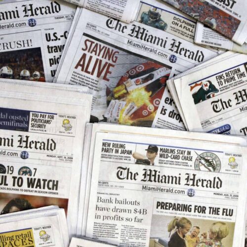  Copies of The Miami Herald, which Margaret Sullivan notes doggedly reported on Jeffrey Epstein's sex trafficking. 