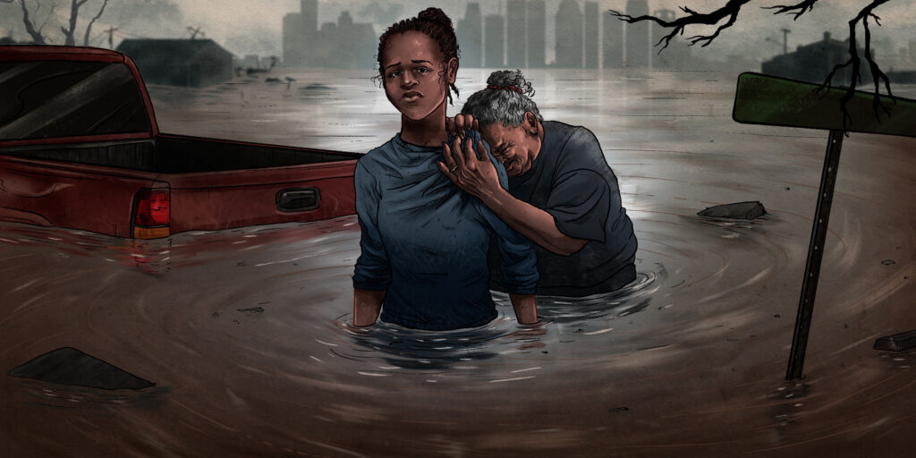 Illustration of daughter and mom in Houston after a hurricane.