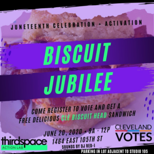 One of the elections steps officials can take to help voters is engagement, like this poster for a biscuit jubilee in Cleveland. 
