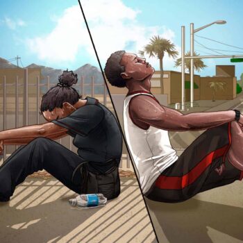 Illustration of two scenes: woman of color in Arizona on a hot day and man of color in Florida on a hot day.