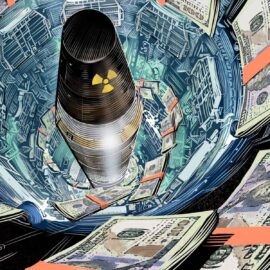nuclear warhead blasting off as money swirls around
