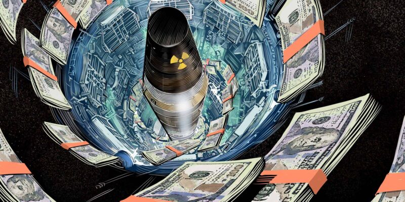 nuclear warhead blasting off as money swirls around