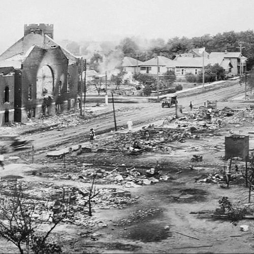  Part of Greenwood district burned in the Tulsa Race Massacre in Oklahoma in 1921. 