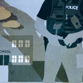An illustration showing a police officer standing in front of a school with his shadow over the school.
