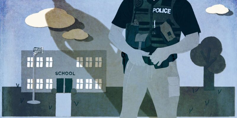 An illustration showing a police officer standing in front of a school with his shadow over the school.