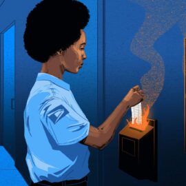 An illustration of a USPS worker filing her timecard while it is on fire.