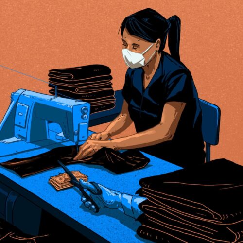  An illustration of a garment worker sitting at a sewing machine as she sews. There is a hand that appears with scissors that cuts money that is laying down on the table the worker is sewing on. 