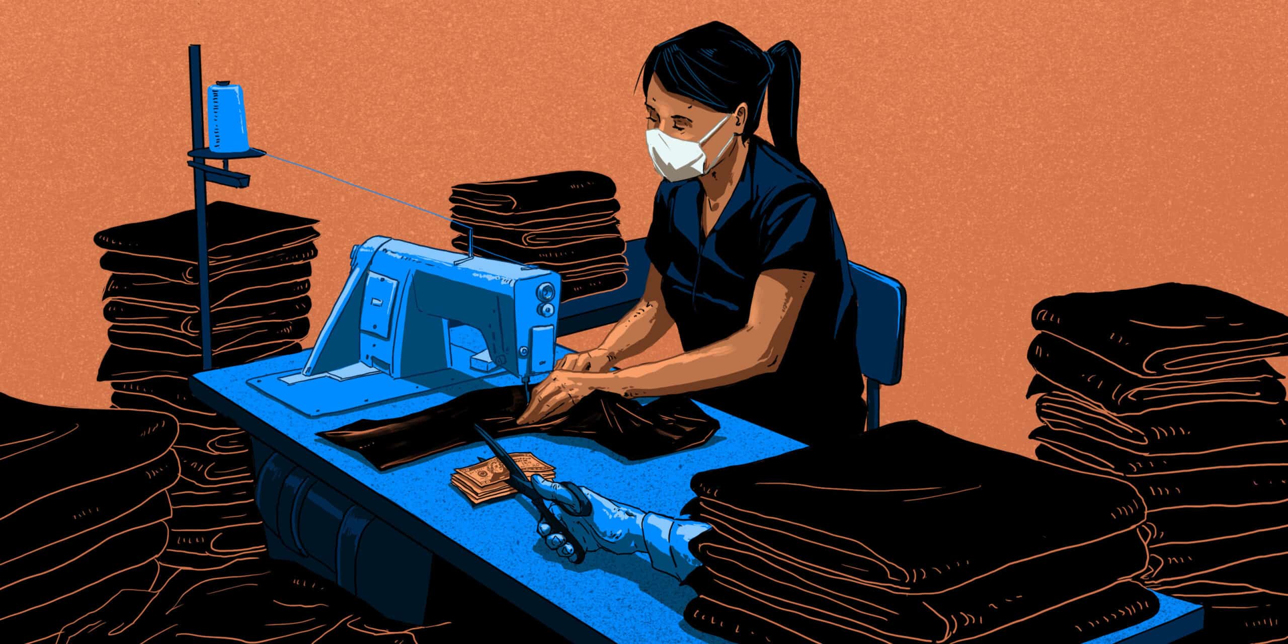 An illustration of a garment worker sitting at a sewing machine as she sews. There is a hand that appears with scissors that cuts money that is laying down on the table the worker is sewing on.